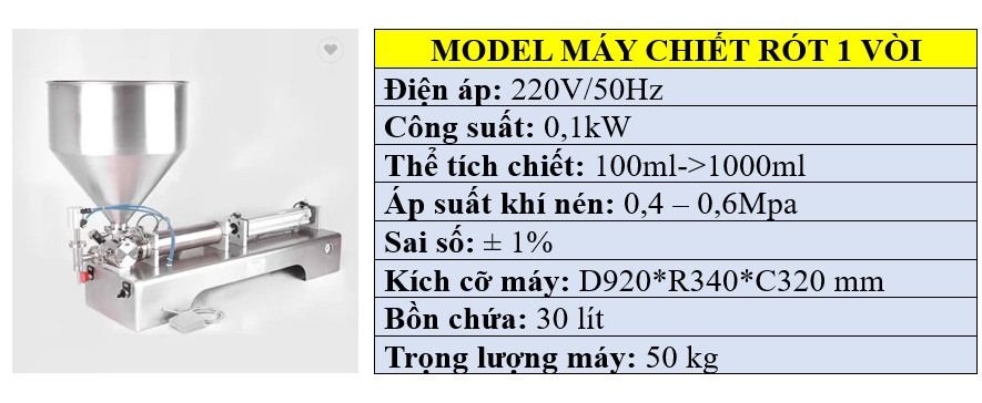 Thông số kỹ thuật máy chiết rót 1 vòi