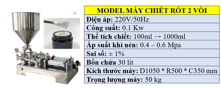 Thông số kỹ thuật máy chiết rót 2 vòi