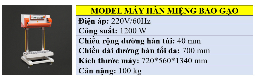 Thông số kỹ thuật máy hàn miệng túi cà phê