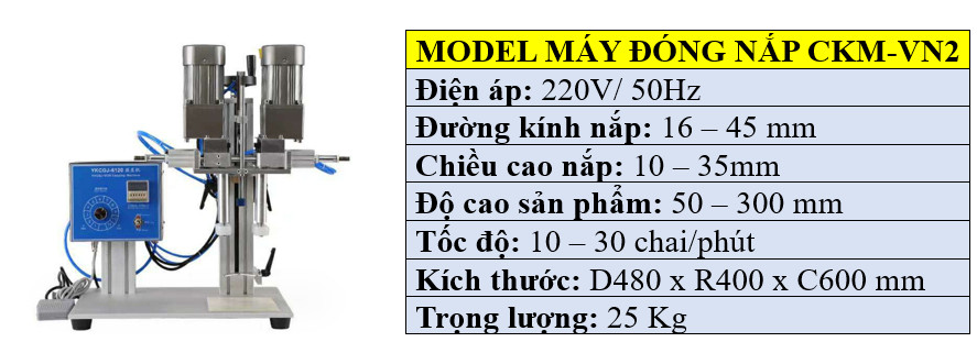 Thông số kỹ thuật máy đóng nắp chai 2 motor