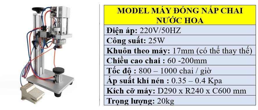 Thông số kỹ thuật máy đóng nắp chai nước hoa